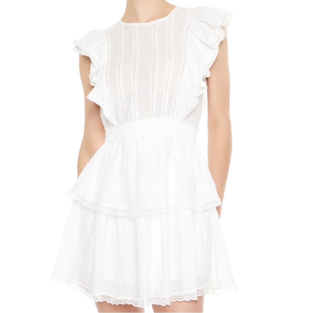 Clip Dot Lace Ruffled Mini Dress White Preppy Tiered Layered Crochet